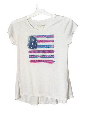 Girls XL Patriotic Tee American Flag Graphic Ruffle White Pink Blue Casual